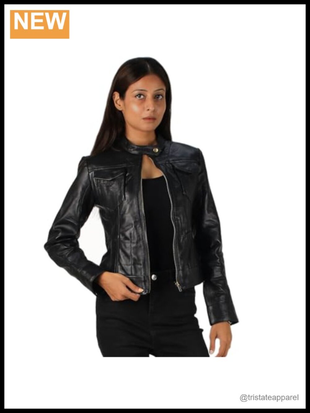 Genuine Lambskin Moto Style Leather Jacket Women Racer Black with Zipper Pockets